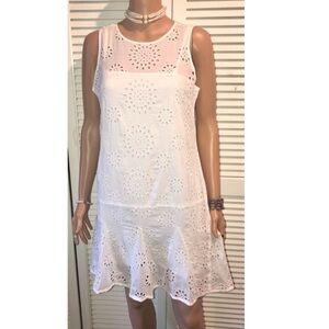 Michael Kors Sleeveless Eyelet Cotton Drop Waist White MIDI dress size 4